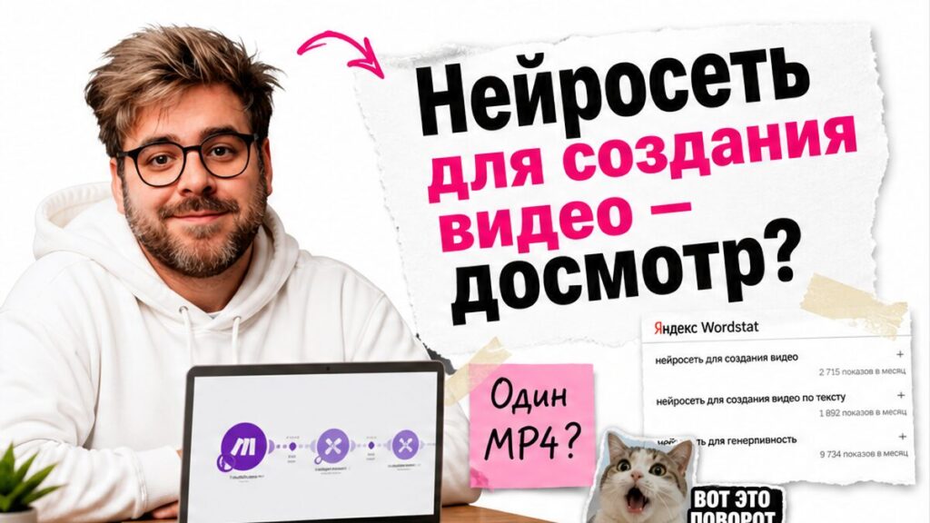 Обложка: нейросеть для создания видео — досмотр? герой в белом худи, Make-карточки и Wordstat-стикеры