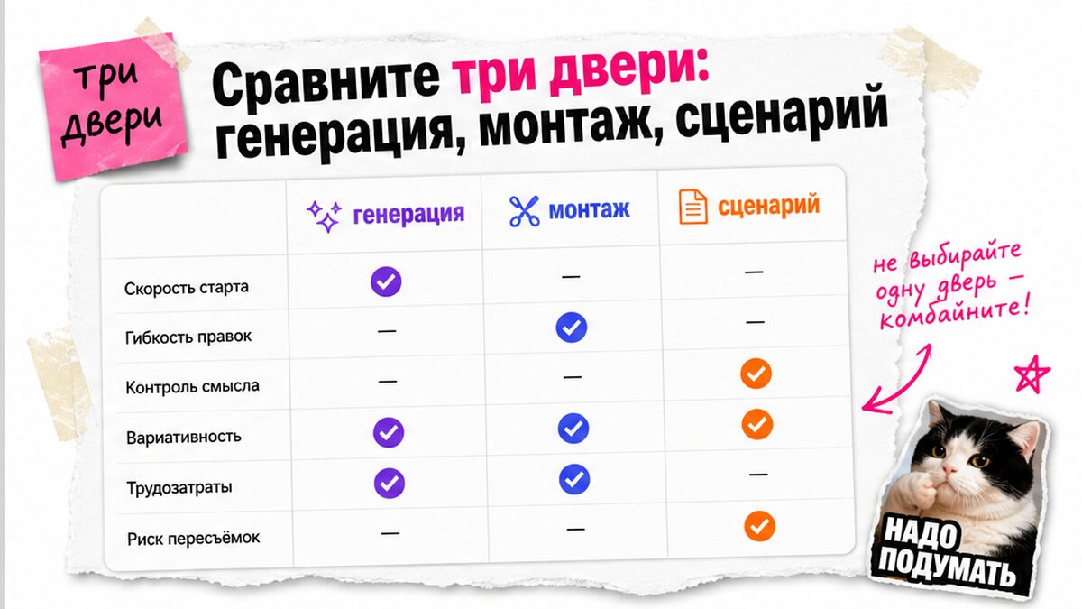 Таблица сравнения: генерация ролика vs монтаж эфира vs сценарий рилс