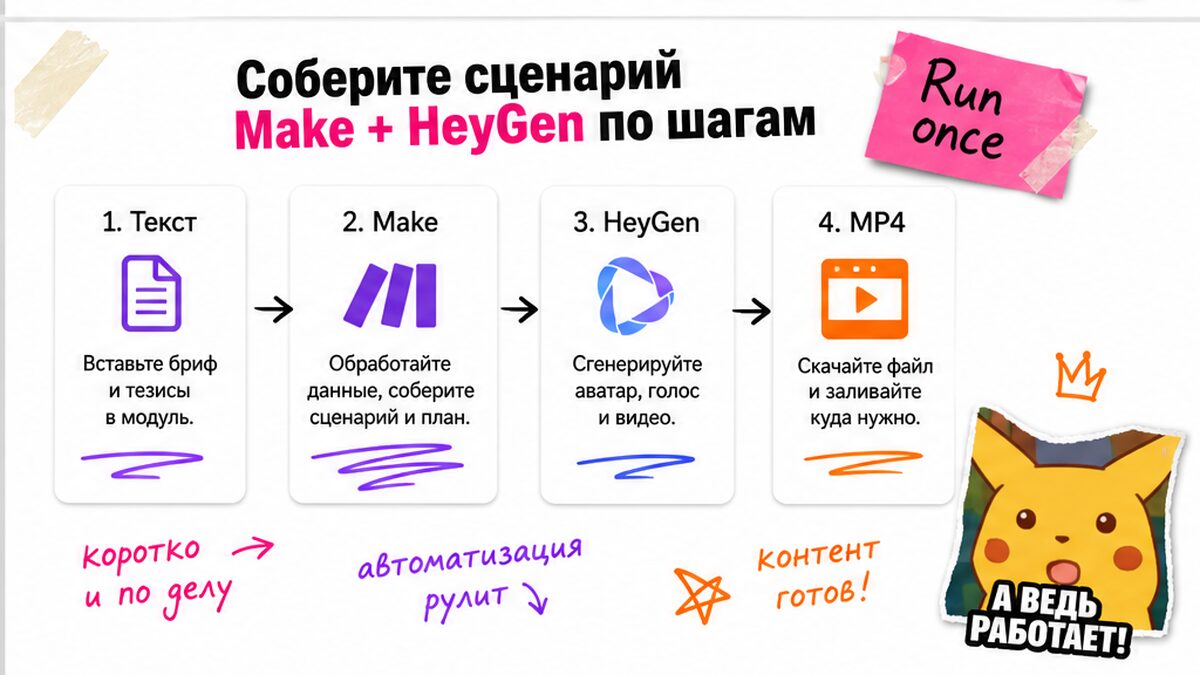 Схема шагов Make + HeyGen: текст → модуль → рендер → MP4 9:16