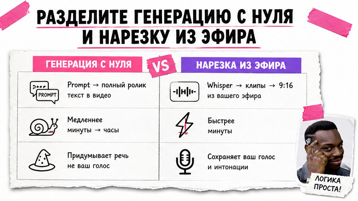 Таблица сравнения: генерация видео с нуля против нарезки Reels из длинного эфира