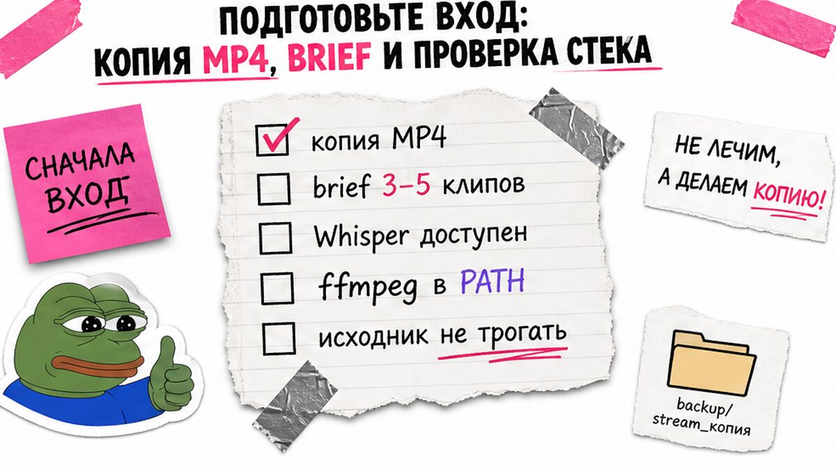 Чеклист подготовки входа: копия MP4, brief, Whisper и ffmpeg перед нарезкой