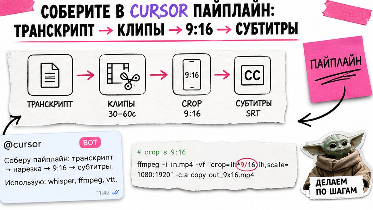 Схема пайплайна Cursor: транскрипт, клипы, вертикальный crop 9:16 и субтитры