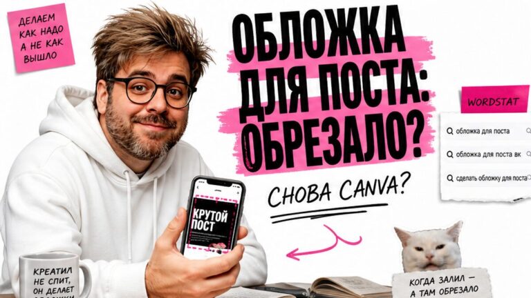 Мужчина в белом худи показывает обложку для поста: надпись про обрезку в ленте, стикеры Wordstat и fake-превью VK Telegram Instagram