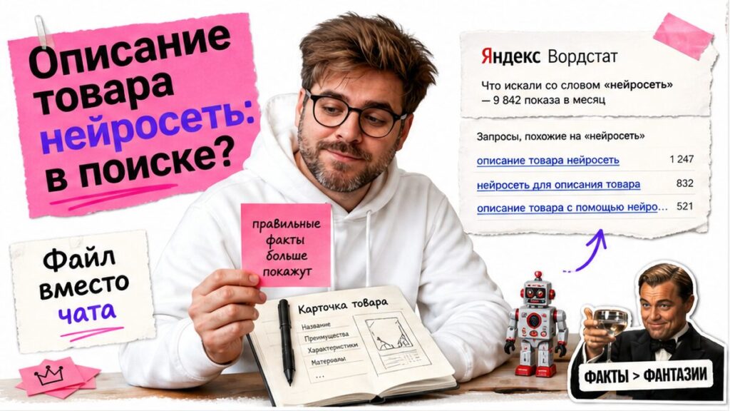 Обложка: описание товара нейросеть — в поиске, мемный коллаж с героем