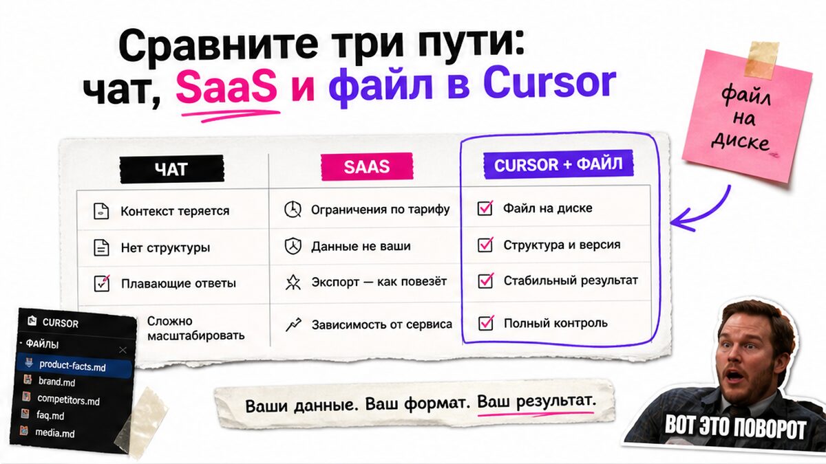 Таблица сравнения: чат, SaaS и файл в Cursor для описания товара