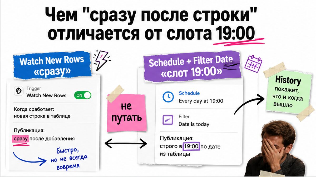 Сравнение: автопост сразу после строки vs отложенный слот 19:00
