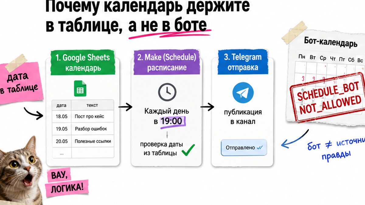 Схема: календарь слотов в Google Sheets, не schedule_date в боте