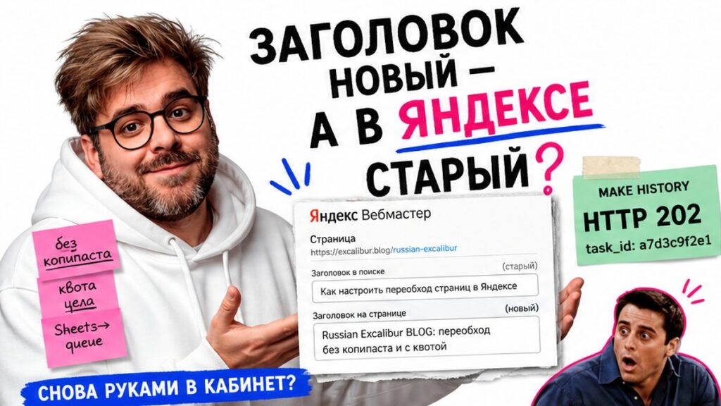 Ведущий в белом худи указывает на fake Вебмастер «старый заголовок» и зелёный Make History 202: стикеры «без копипаста» и «Sheets→queue»