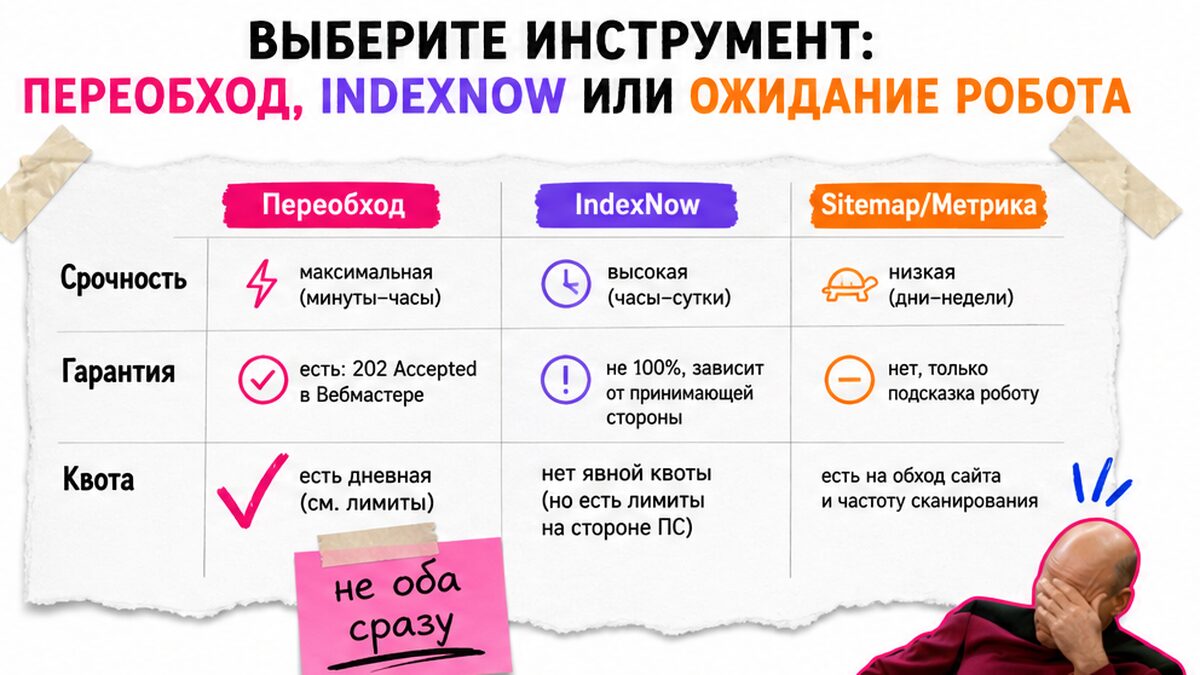 Сравнение: переобход, IndexNow и Sitemap/Метрика — когда что жать после правки