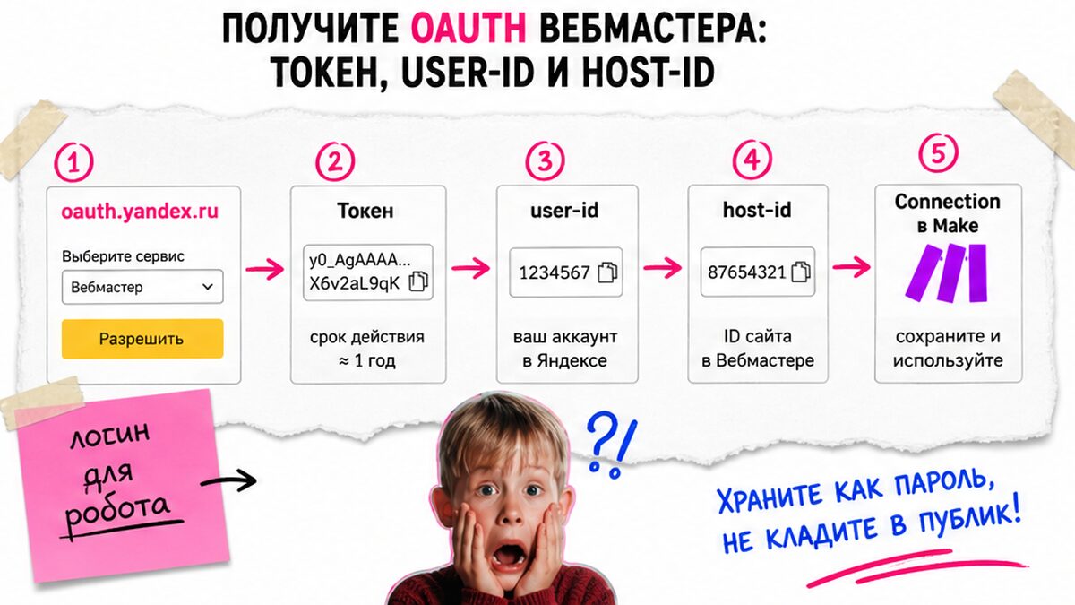 Схема OAuth Вебмастера: токен, user-id и host-id без страха API