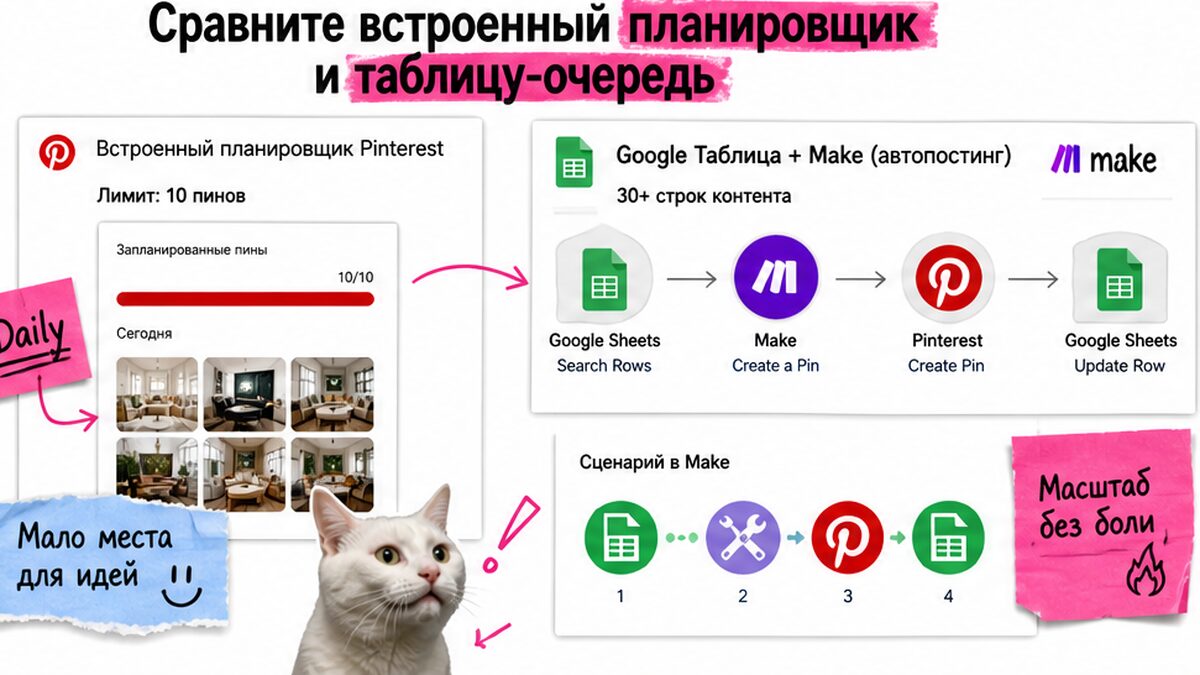 Схема сравнения планировщика Pinterest и очереди в Google Таблице с Make