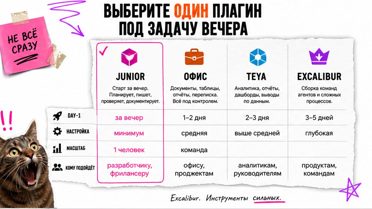Таблица выбора плагина: Junior в день-1, Офис TEYA Excalibur позже