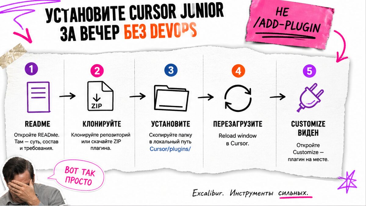 Схема установки Cursor Junior: README, local path, Reload, проверка Customize