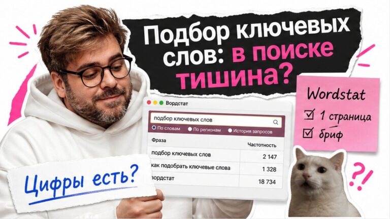Обложка: подбор ключевых слов — в поиске тишина, Wordstat и Cursor, белое худи