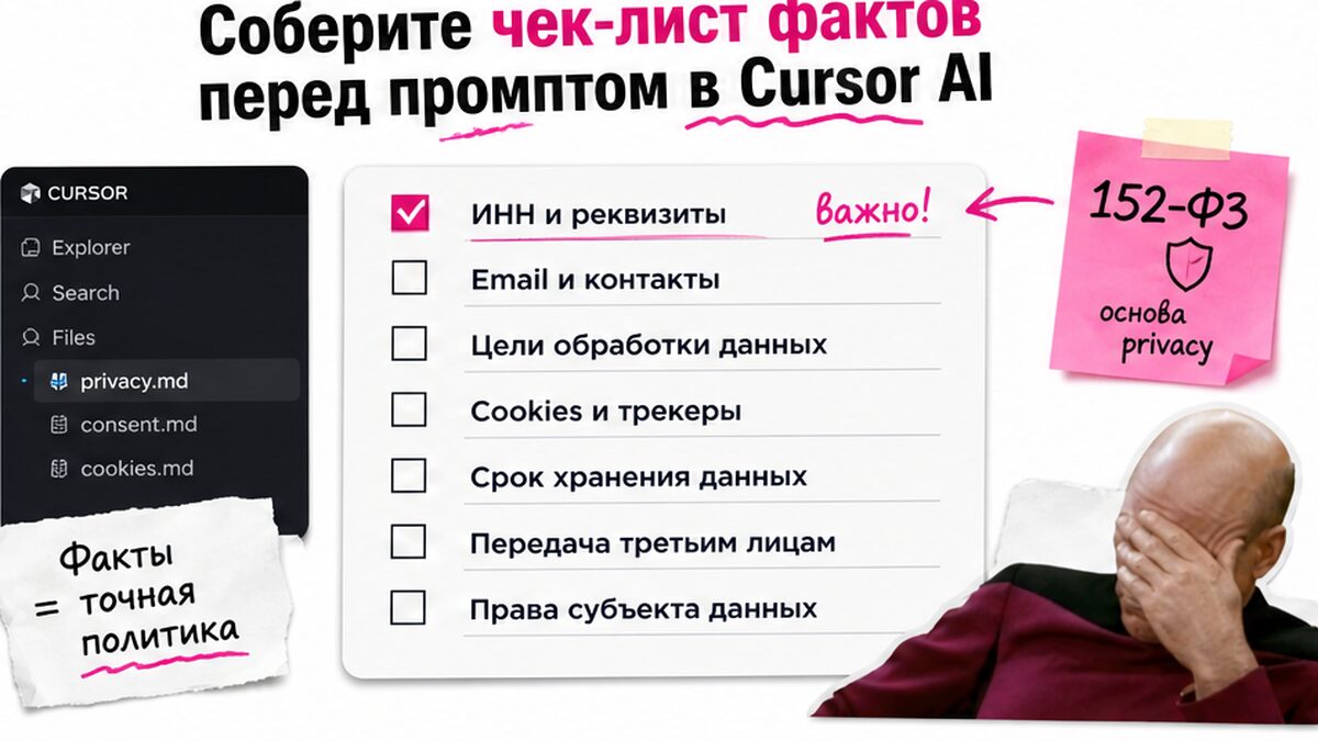 Чек-лист фактов перед промптом в Cursor AI: реквизиты, цели, cookies