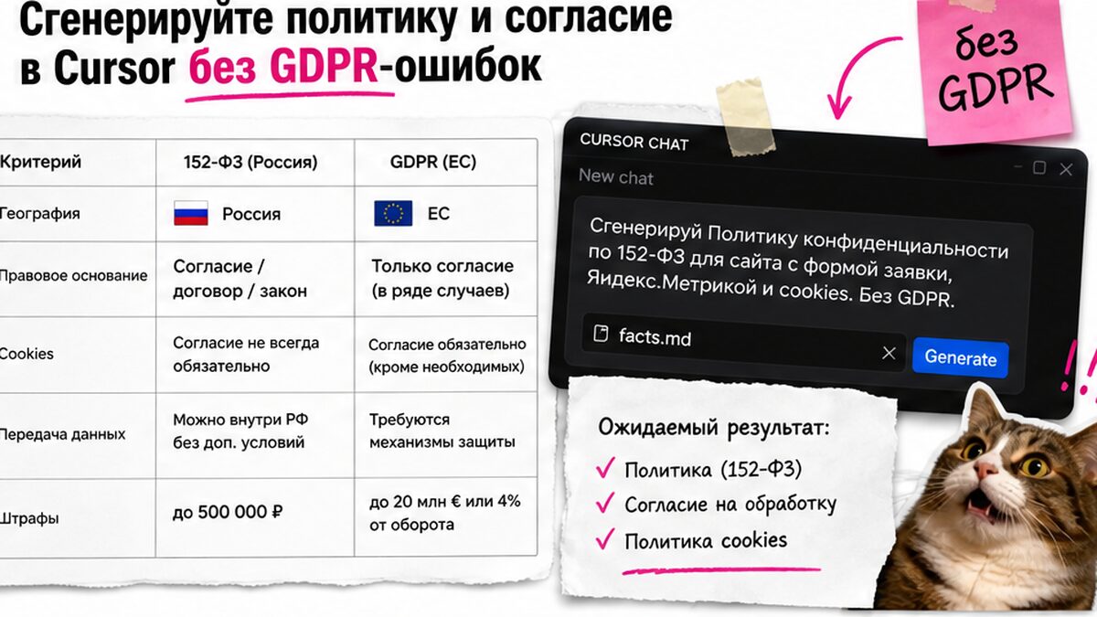 Сравнение 152-ФЗ и GDPR при генерации политики в Cursor AI