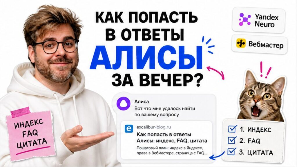 Обложка: герой в белом худи рядом с пузырём ответа Алисы AI, карточкой сайта и чек-листом индекс → FAQ → цитата
