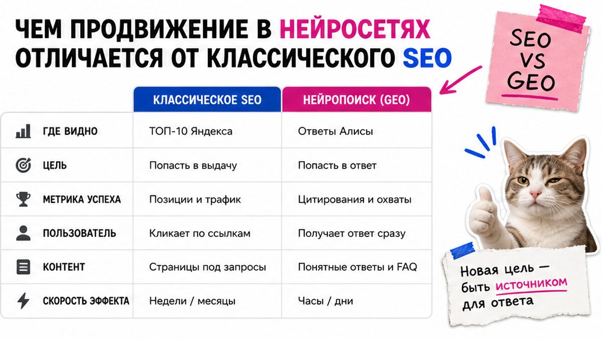 Сравнительная таблица: классический SEO против продвижения в нейросетях и цитат в Алисе