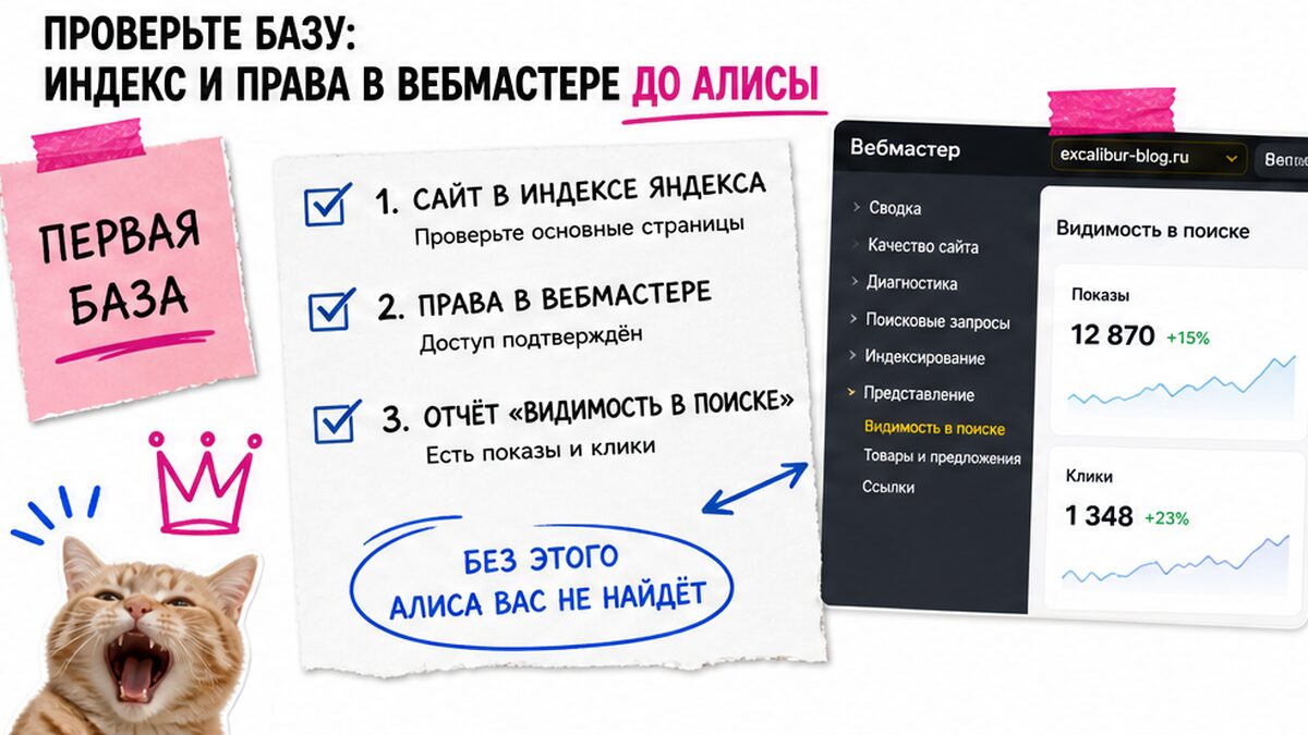 Чеклист базы перед Алисой: индекс Яндекса и права в Вебмастере