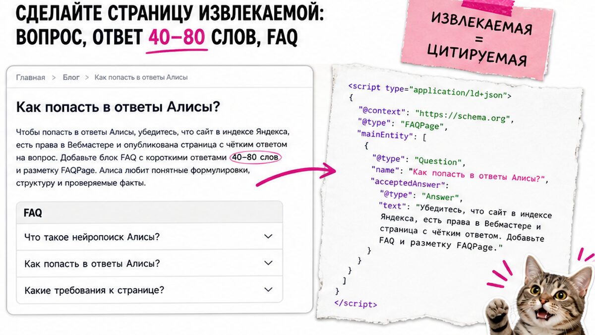 UI извлекаемой страницы: вопрос, короткий ответ 40–80 слов и FAQ-блок
