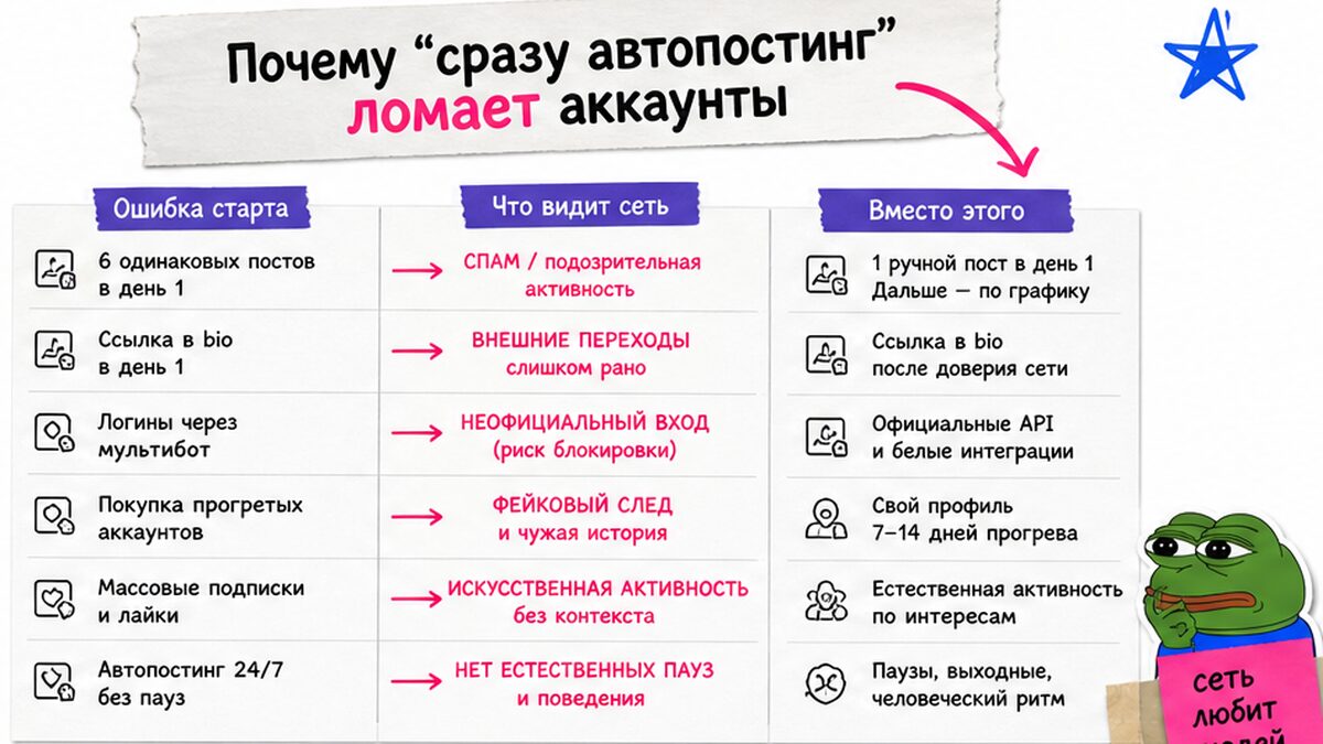 Таблица ошибок старта автопостинга: что видит сеть и что делать вместо Run once в день 1