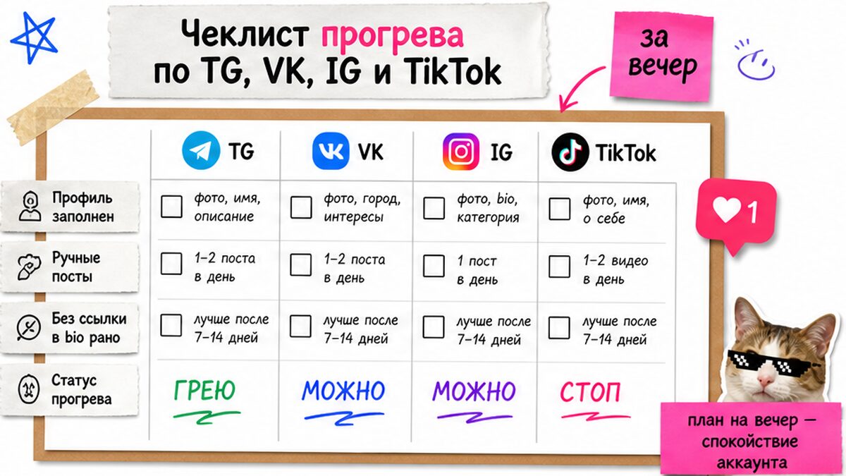 Чеклист прогрева аккаунтов Telegram, VK, Instagram и TikTok перед автопостингом