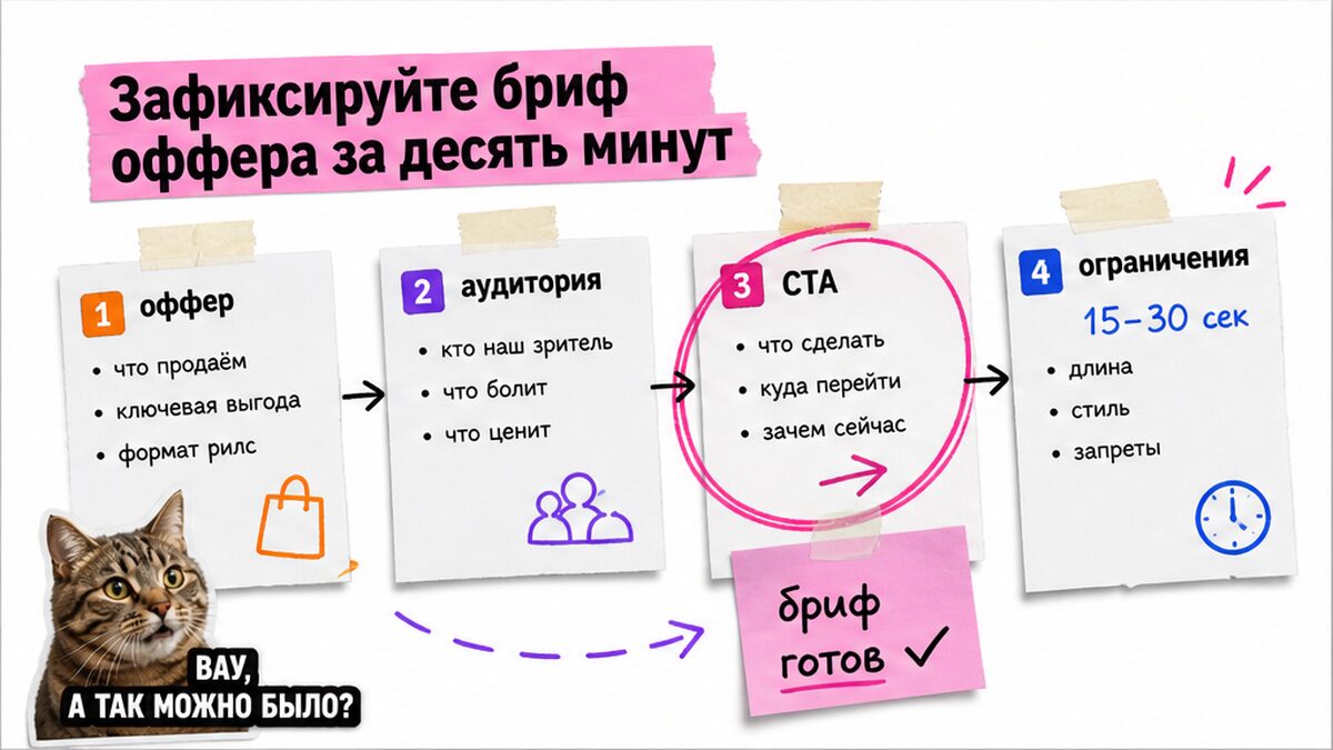 Схема брифа оффера за десять минут: оффер, аудитория, CTA, тайминг
