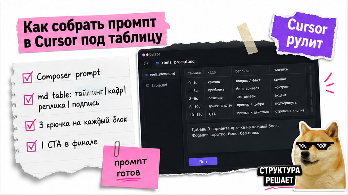 Чеклист промпта в Cursor: таблица, 3 хука, один CTA