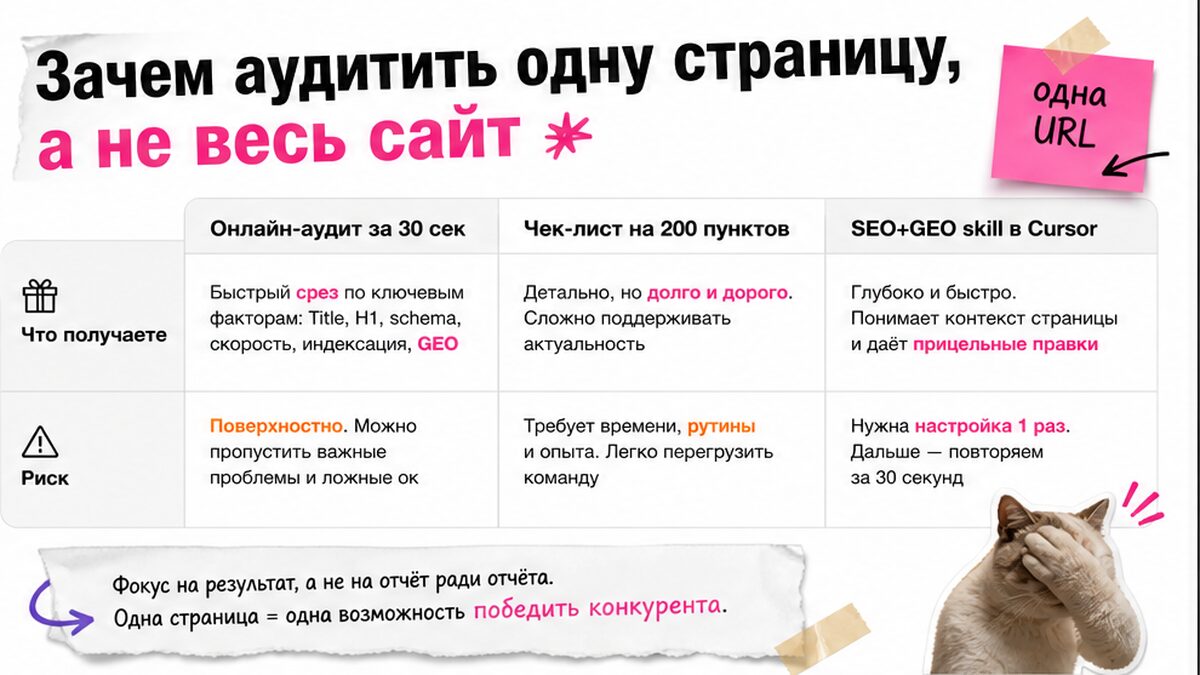 Таблица сравнения: онлайн-аудит, чеклист на 200 пунктов и SEO+GEO skill в Cursor