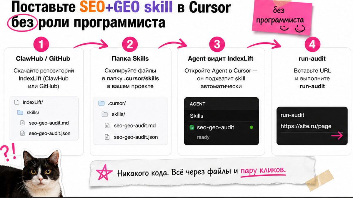Схема установки SEO+GEO skill IndexLift в Cursor за четыре шага