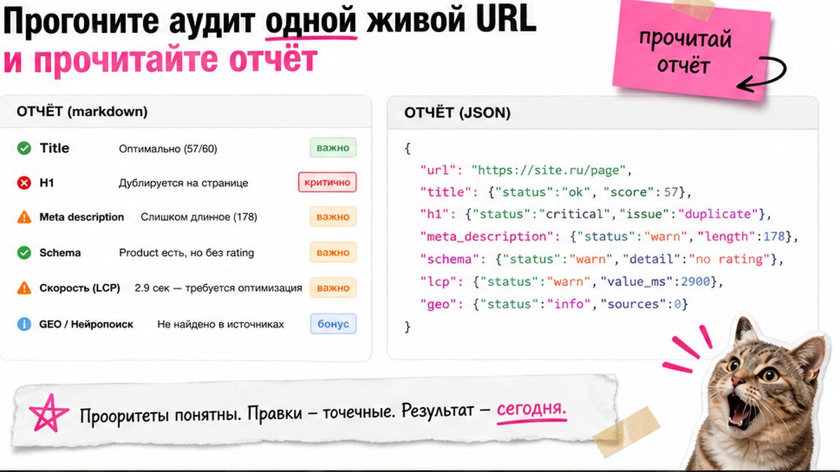 Чеклист-доска отчёта аудита одной URL: критично, важно, бонус