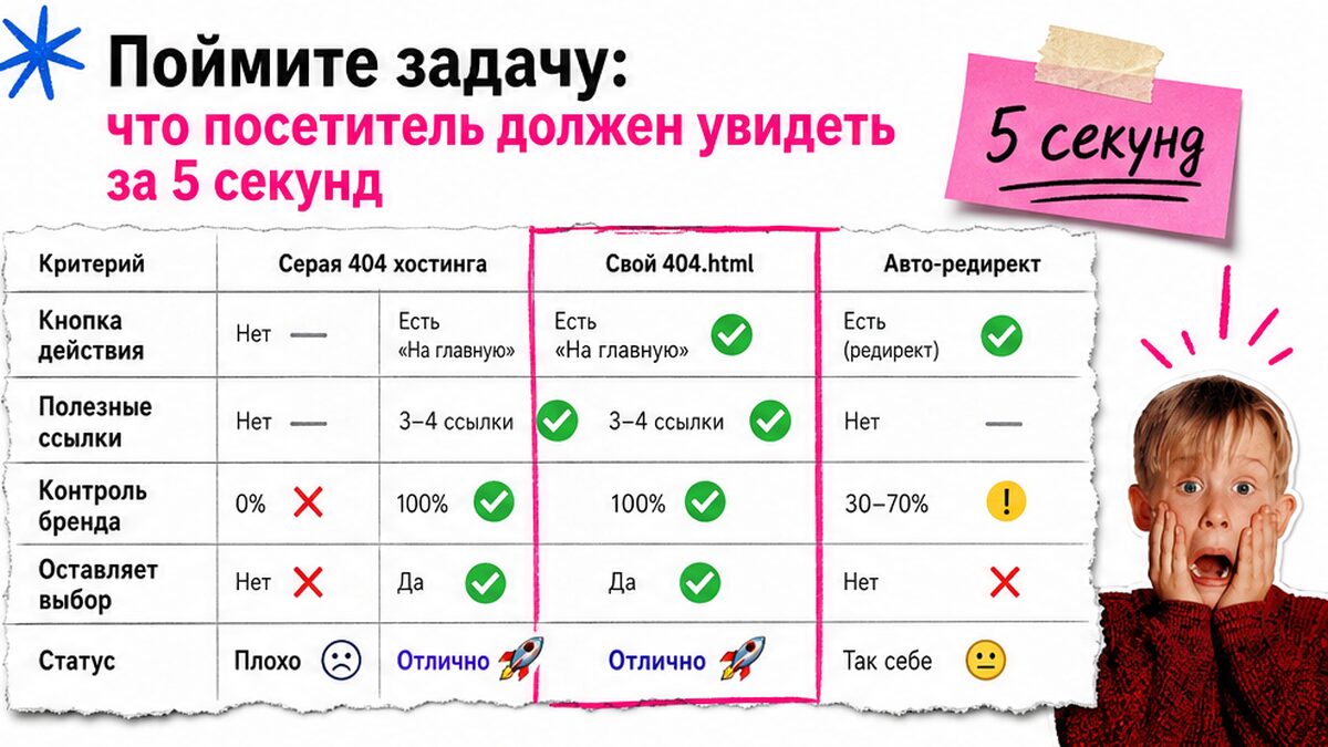 Таблица: серая 404 хостинга, свой 404.html и авто-редирект — что видит посетитель за 5 секунд