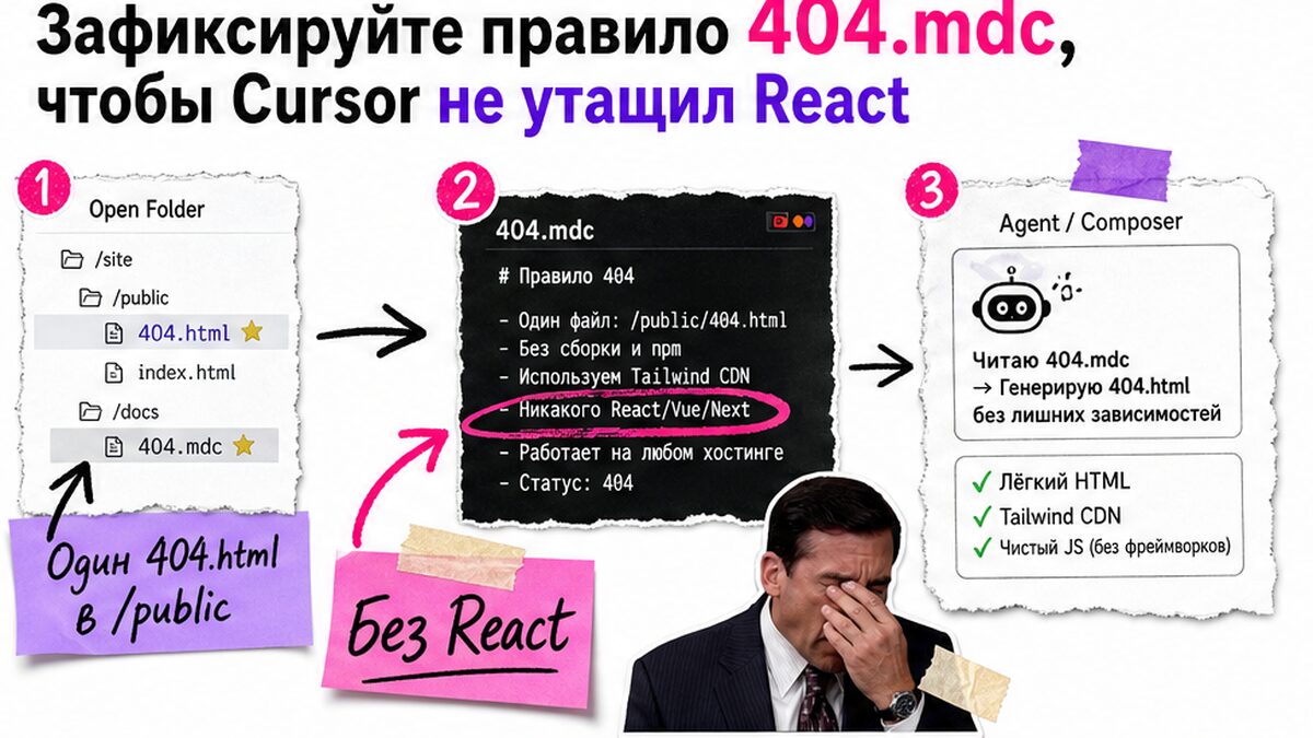 Схема: правило 404.mdc блокирует React и оставляет один 404.html с Tailwind CDN