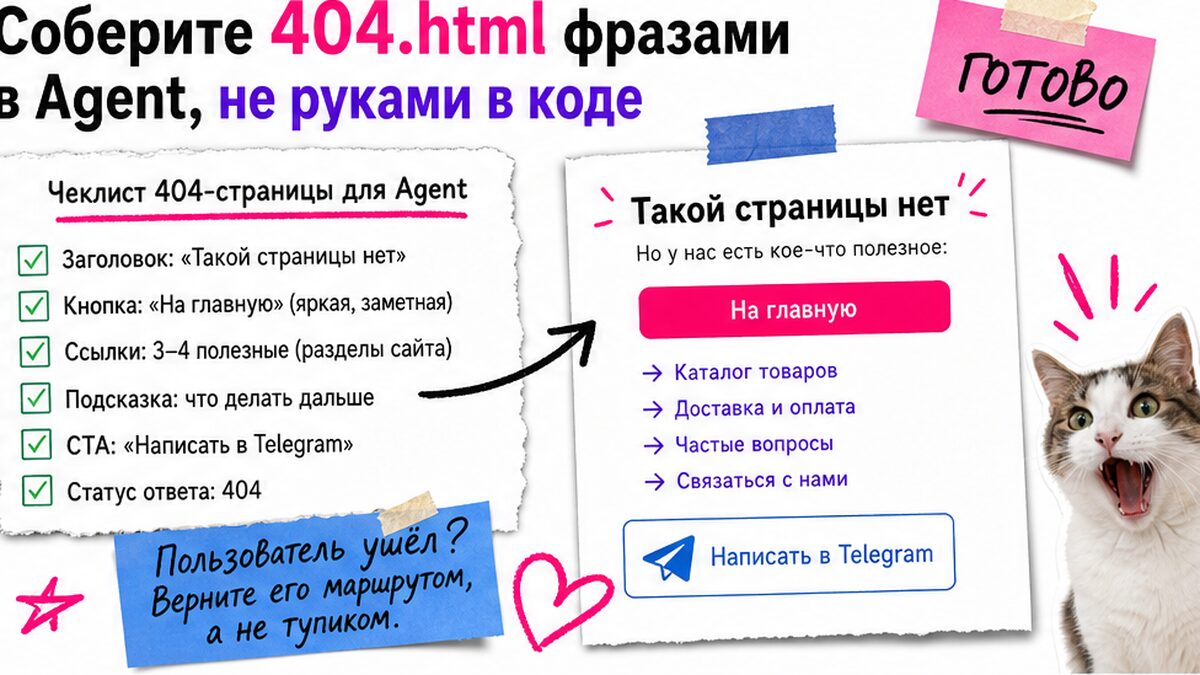 Чеклист сборки 404.html: заголовок, кнопка На главную, ссылки и CTA в мессенджер