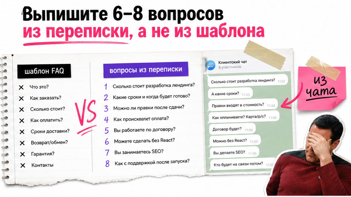 Таблица: шаблонные FAQ против 6–8 вопросов из реальной переписки