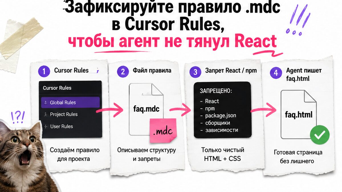 Схема: правило faq.mdc в Cursor Rules блокирует React и ведёт к faq.html