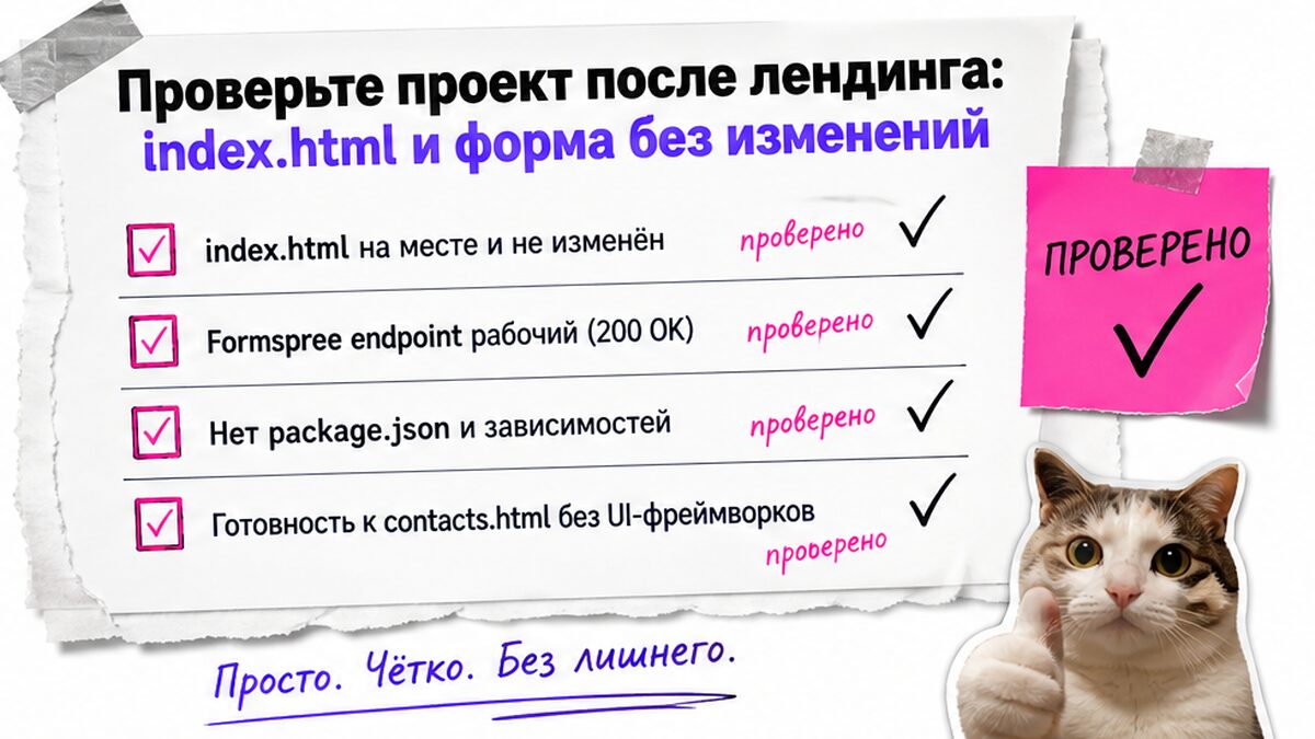 Чеклист проверки проекта: index.html и форма заявки без изменений перед contacts.html