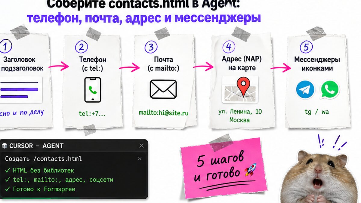 Схема сборки contacts.html в Cursor Agent: телефон, почта, адрес и мессенджеры