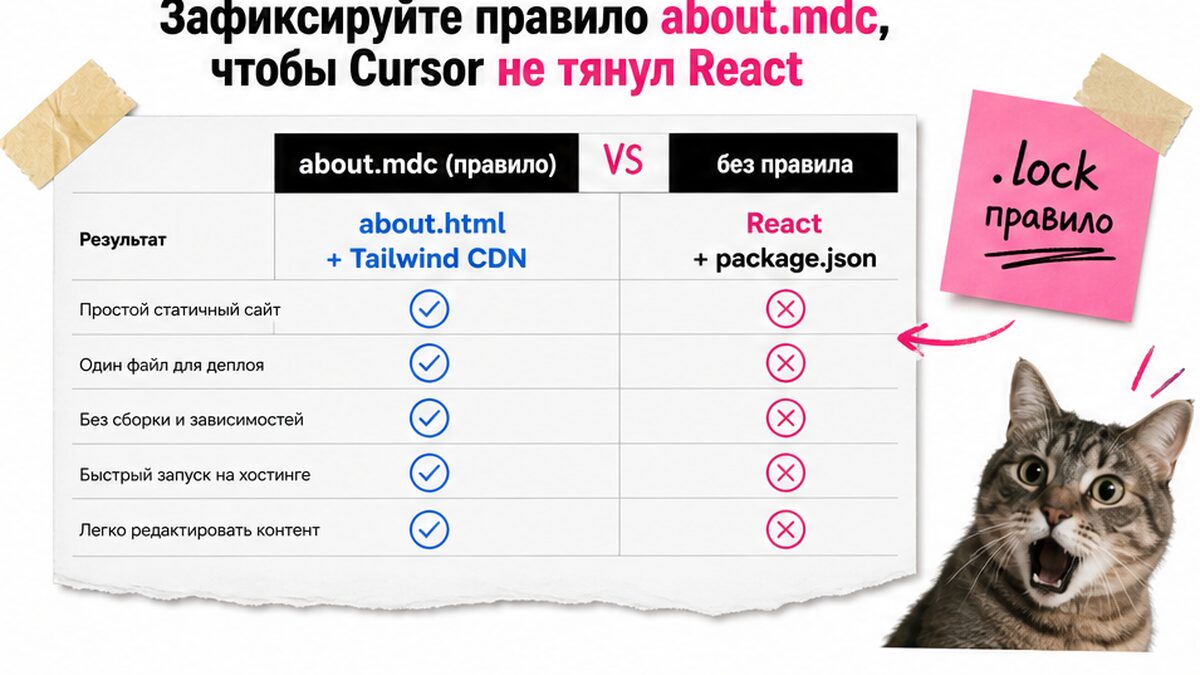 Таблица: правило about.mdc против React и npm в Cursor