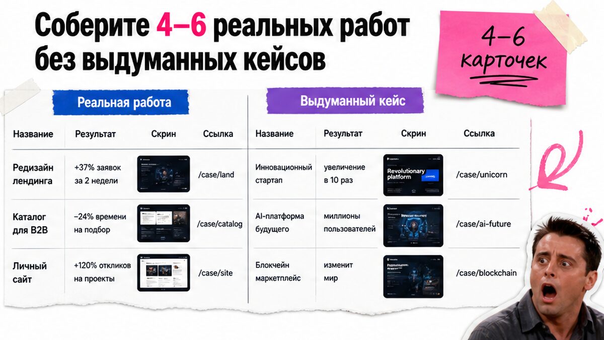Таблица: реальные работы с названием, результатом и скрином против выдуманных кейсов