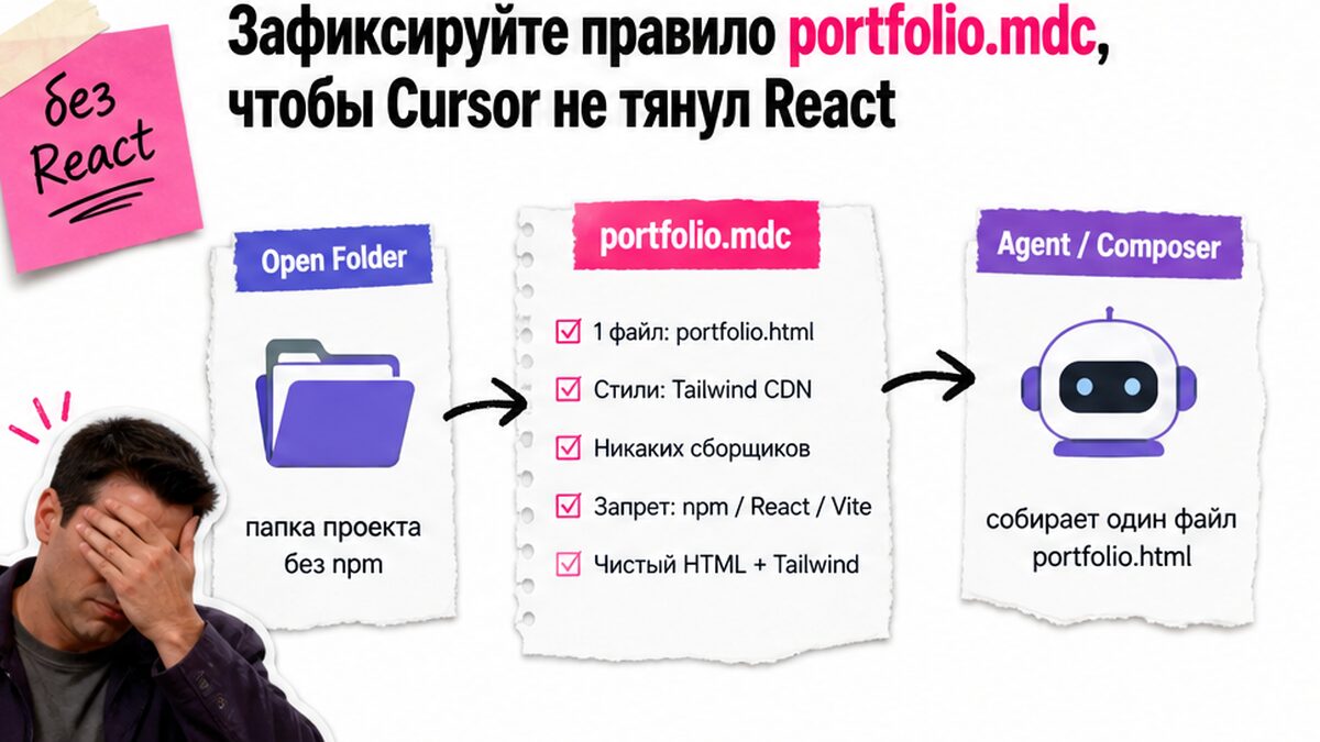 Схема: правило portfolio.mdc блокирует React и оставляет один portfolio.html с Tailwind CDN