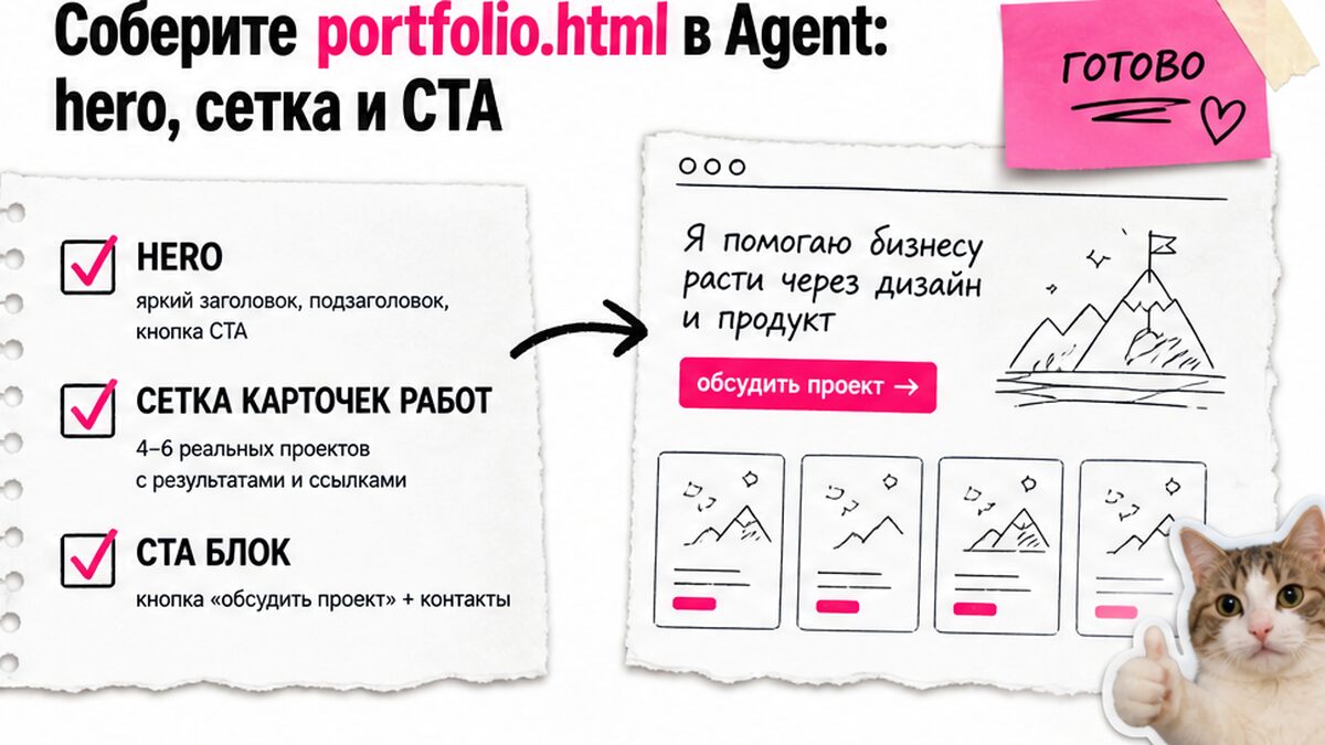 Чеклист сборки portfolio.html: hero, сетка карточек работ и CTA «обсудить проект»