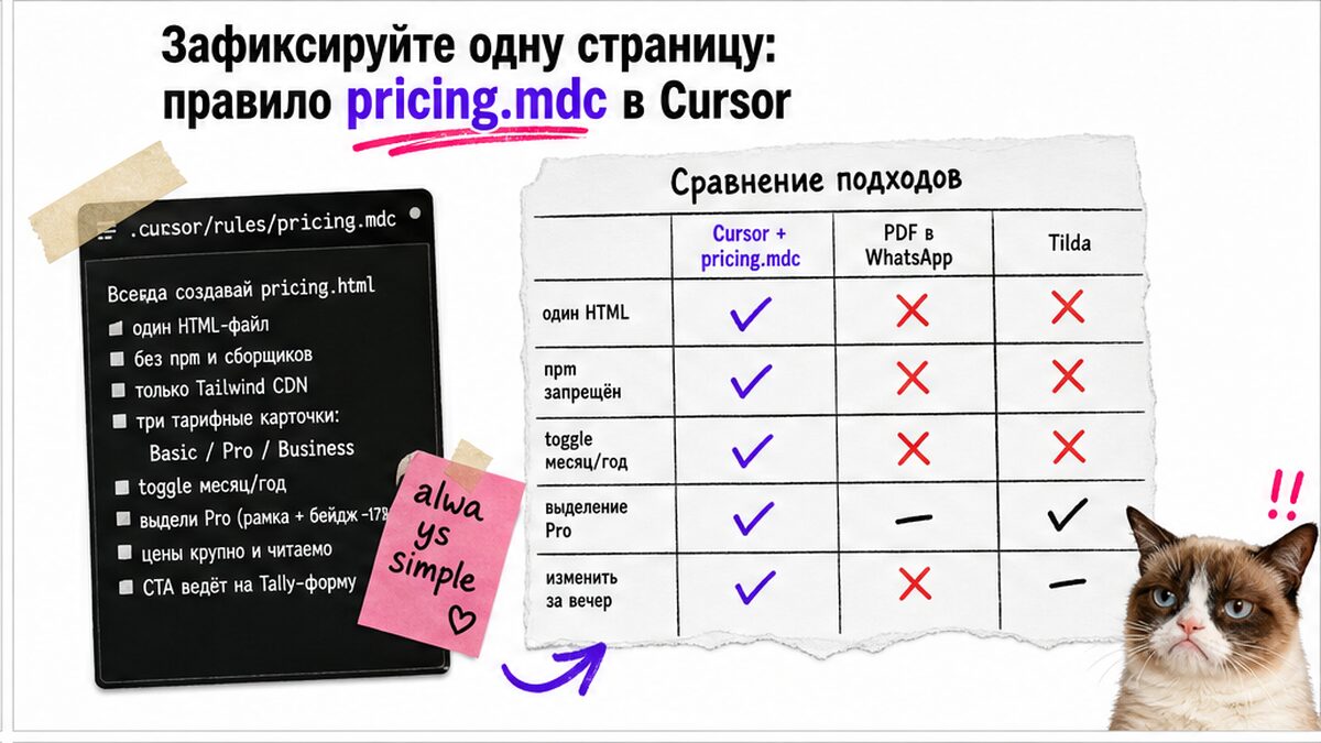 Таблица сравнения: pricing.mdc в Cursor против PDF и Tilda — один HTML без npm