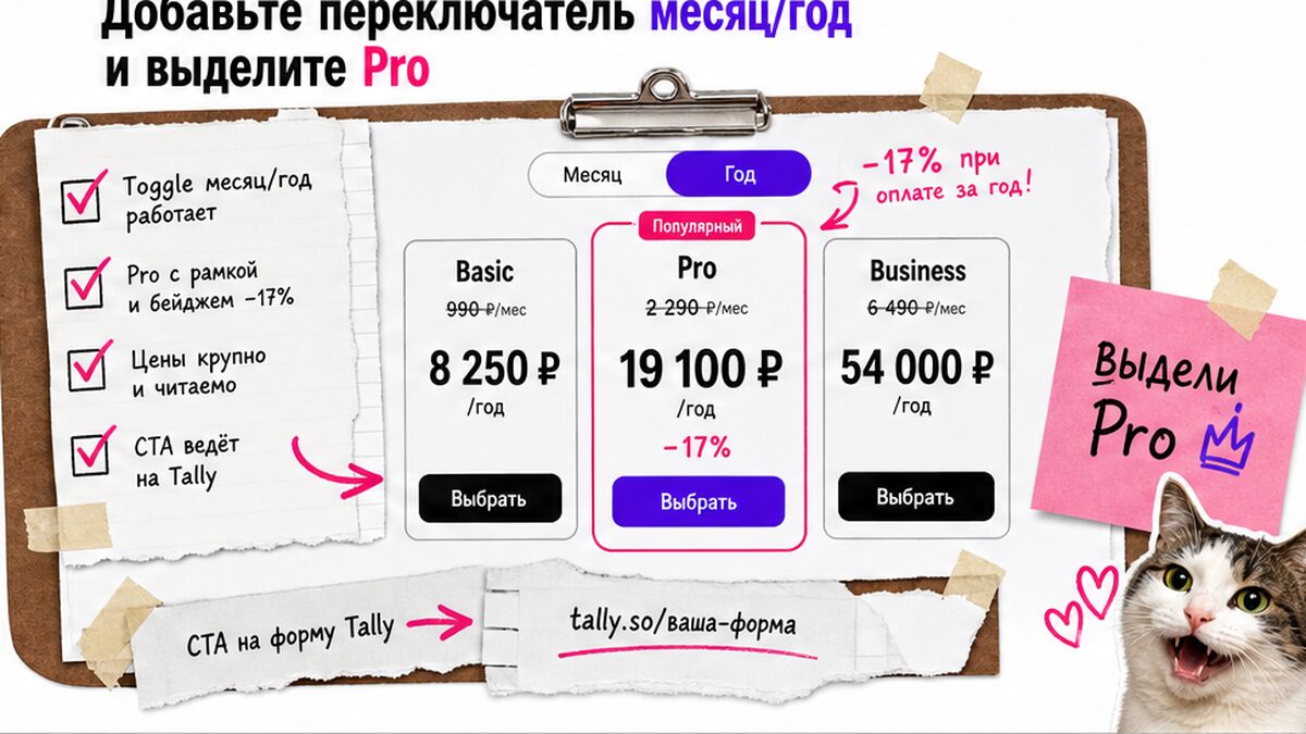 Чеклист: переключатель месяц/год, выделенный тариф Pro и видимые цены на pricing.html