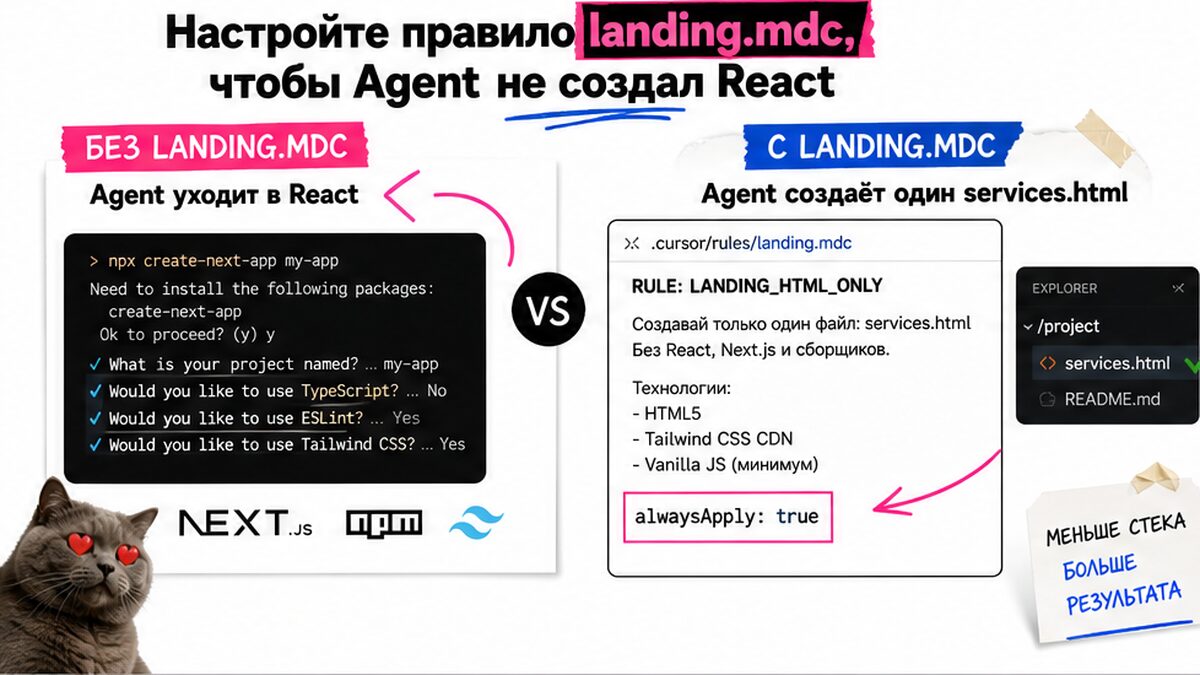 Сравнение: Agent с React без правил и один HTML с landing.mdc