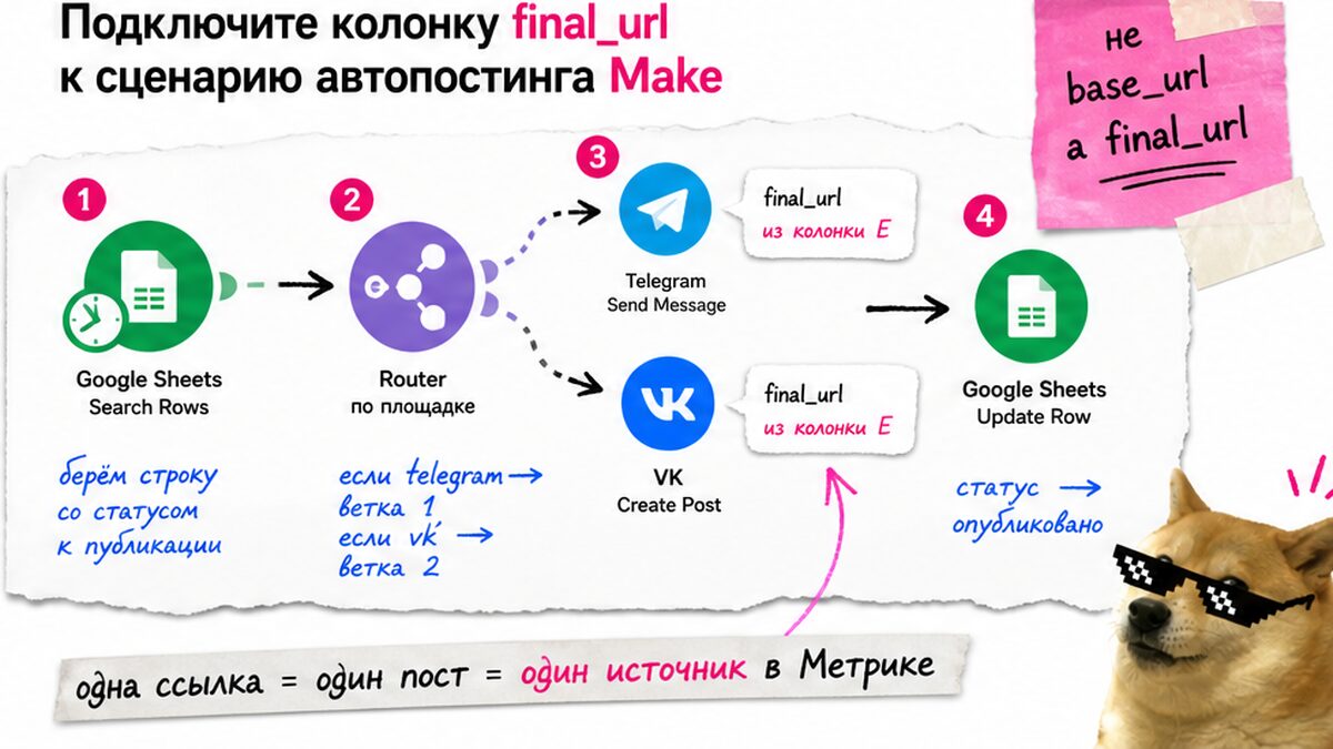 Схема автопостинга Make: Search Rows, Router, Telegram/VK и Update Row с final_url