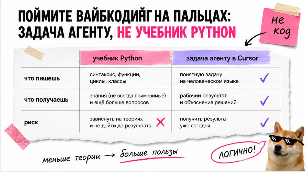 Таблица: учебник Python против задачи агенту в Cursor для маркетолога