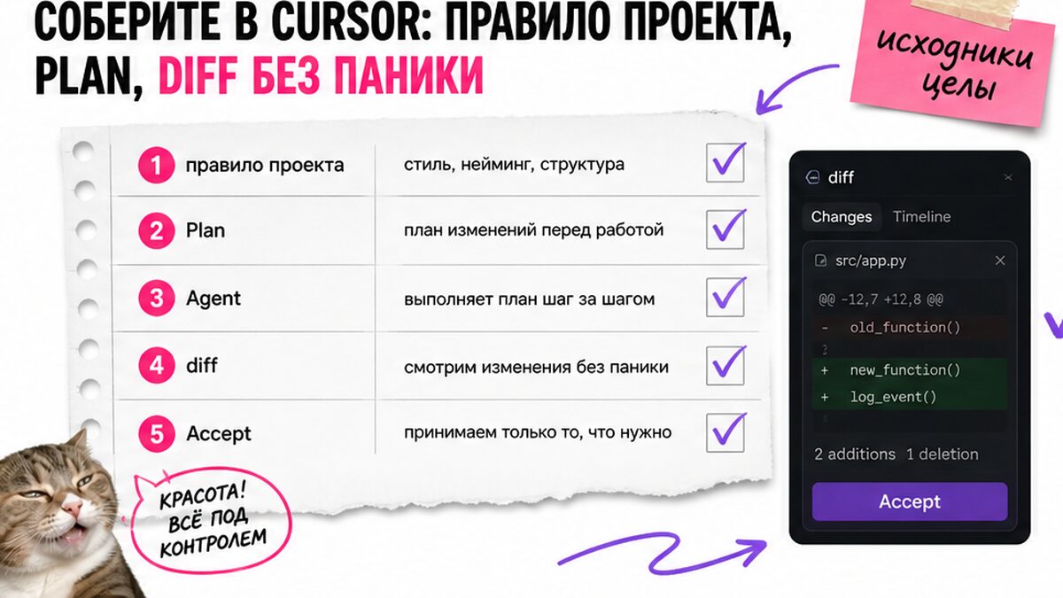 Чеклист Cursor: правило, Plan, diff и целые исходники