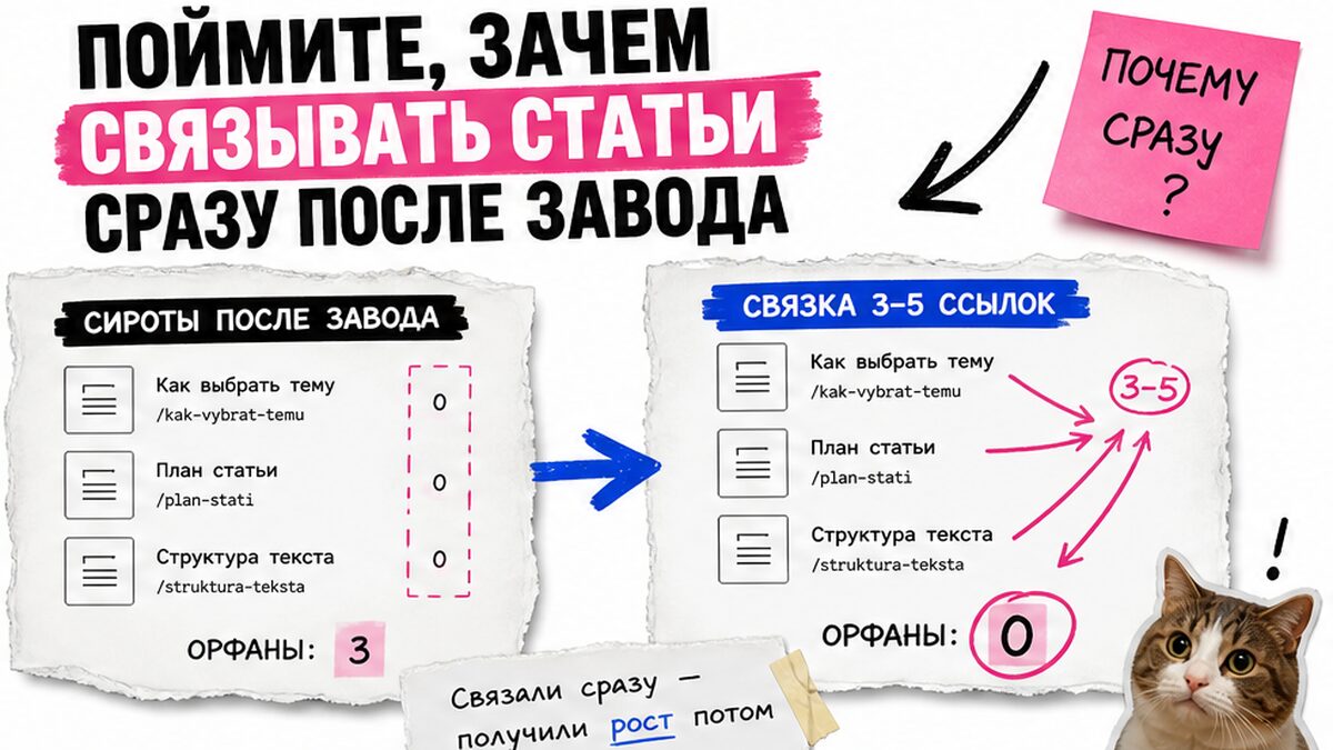 Сравнение: статьи-сироты против сетки с внутренней перелинковкой сразу после завода