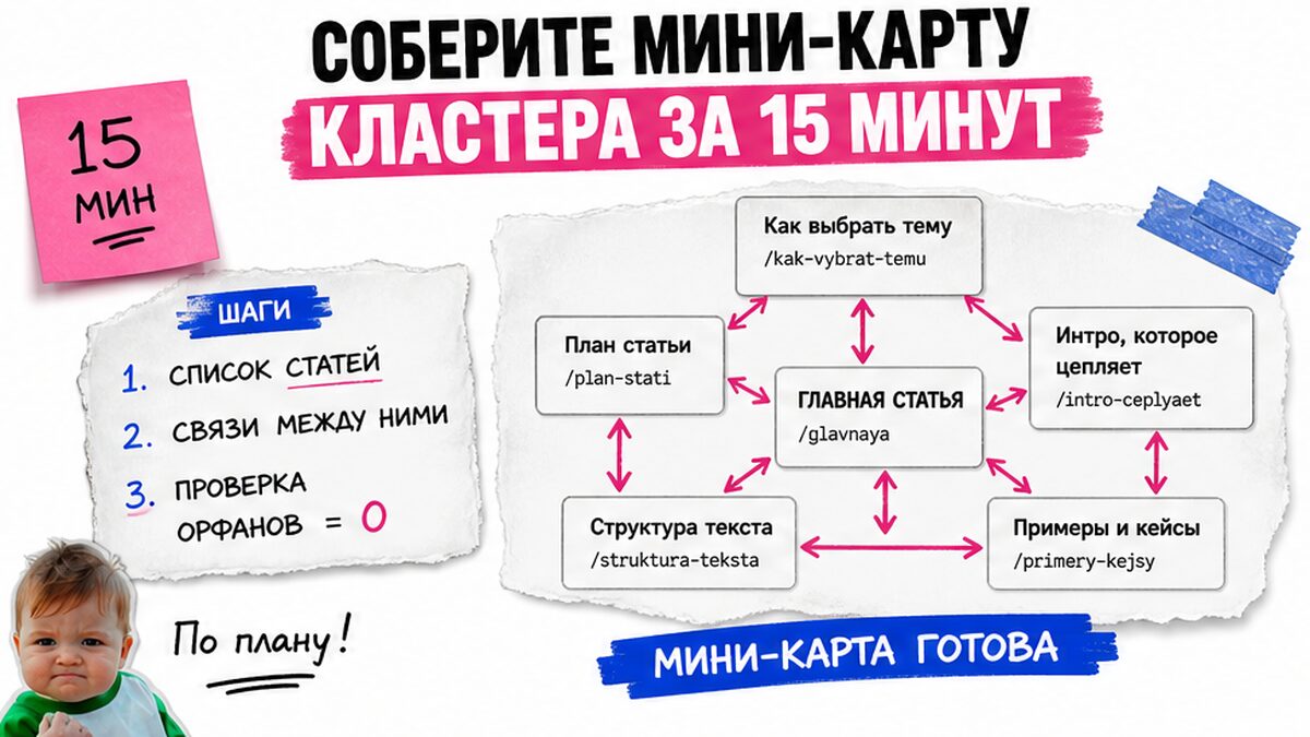 Схема мини-карты кластера статей со стрелками перелинковки за 15 минут